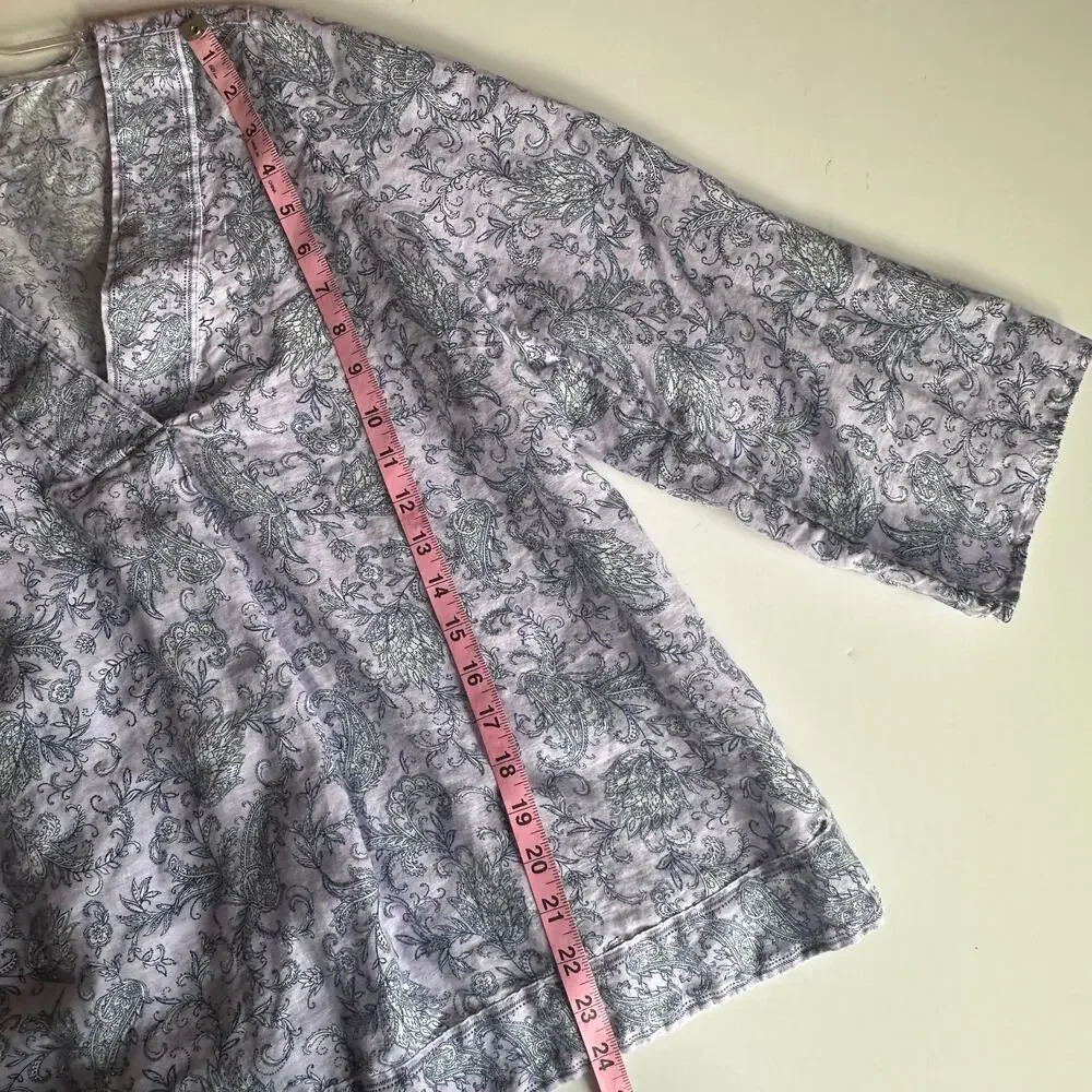 J. Jill Love Linen Boxy Top Womens Medium Lavender Paisley Floral V-Neck Coastal